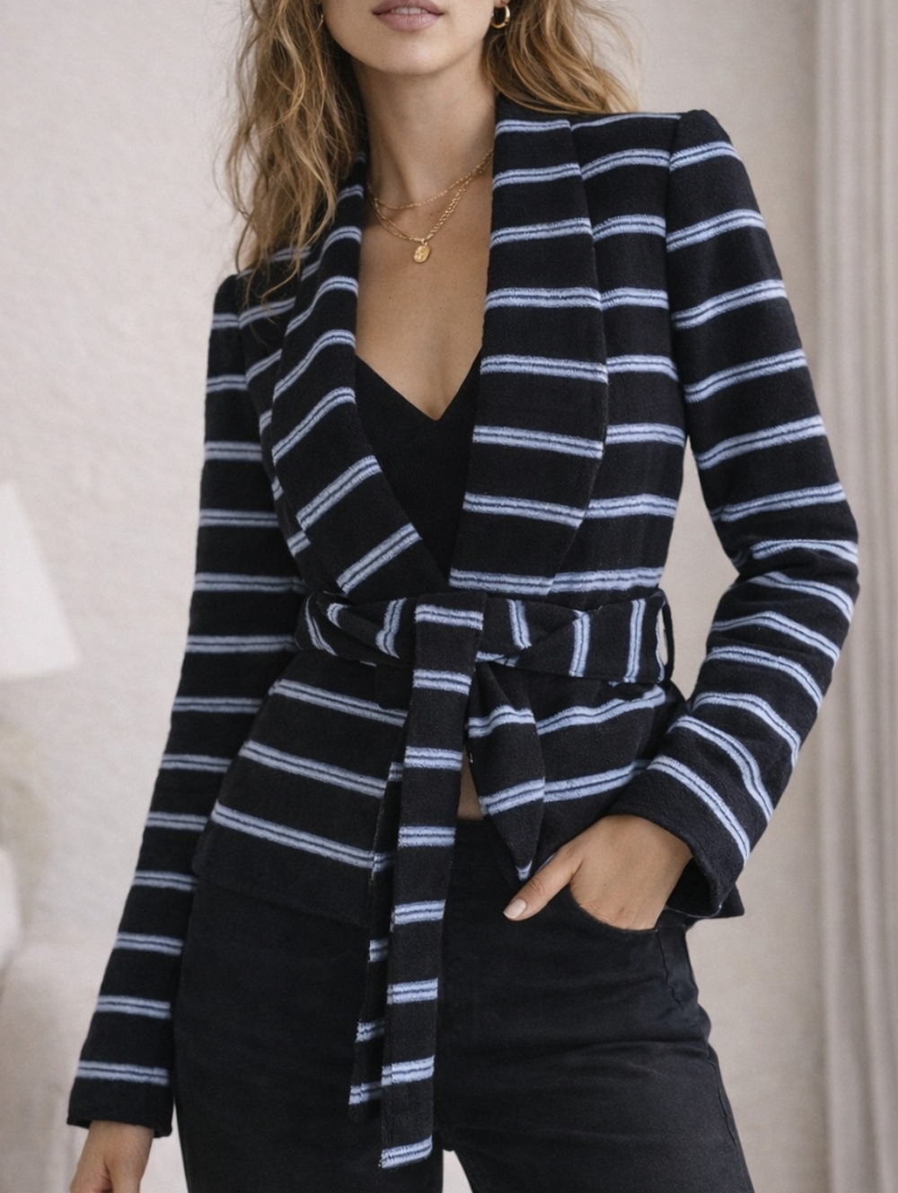 The Limited Navy Blue Striped Tie-Front Blazer | Size Small